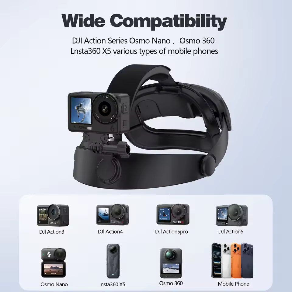 Universal head strap mount compatible with DJI Osmo Action, Insta360 X5, Osmo 360, Osmo Pocket, and smartphones for hands-free POV recording.
