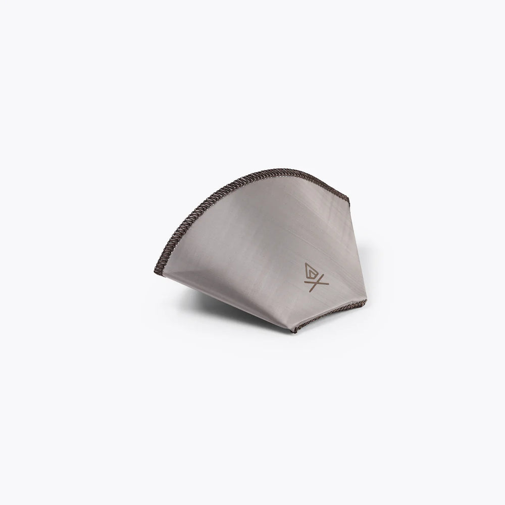 Gray triangular pouch with a brand logo on a white background