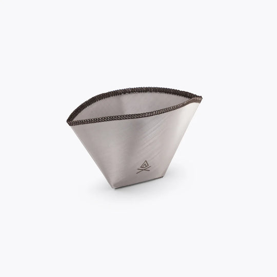 A metallic silver cone-shaped filter basket with a dark brown braided rim, shown on a clean white background.