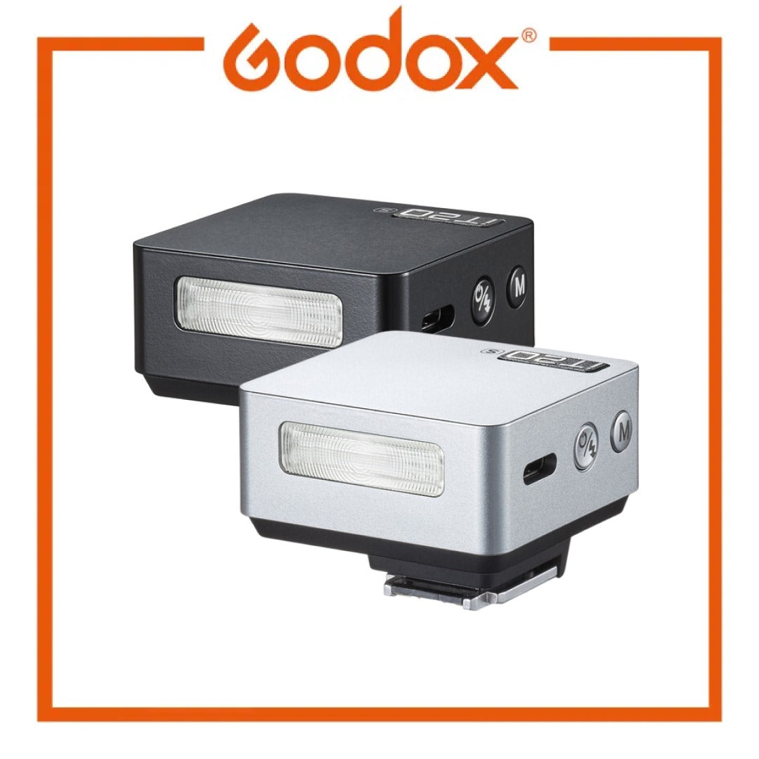 Two Godox flash units on a white background with Godox logo above.