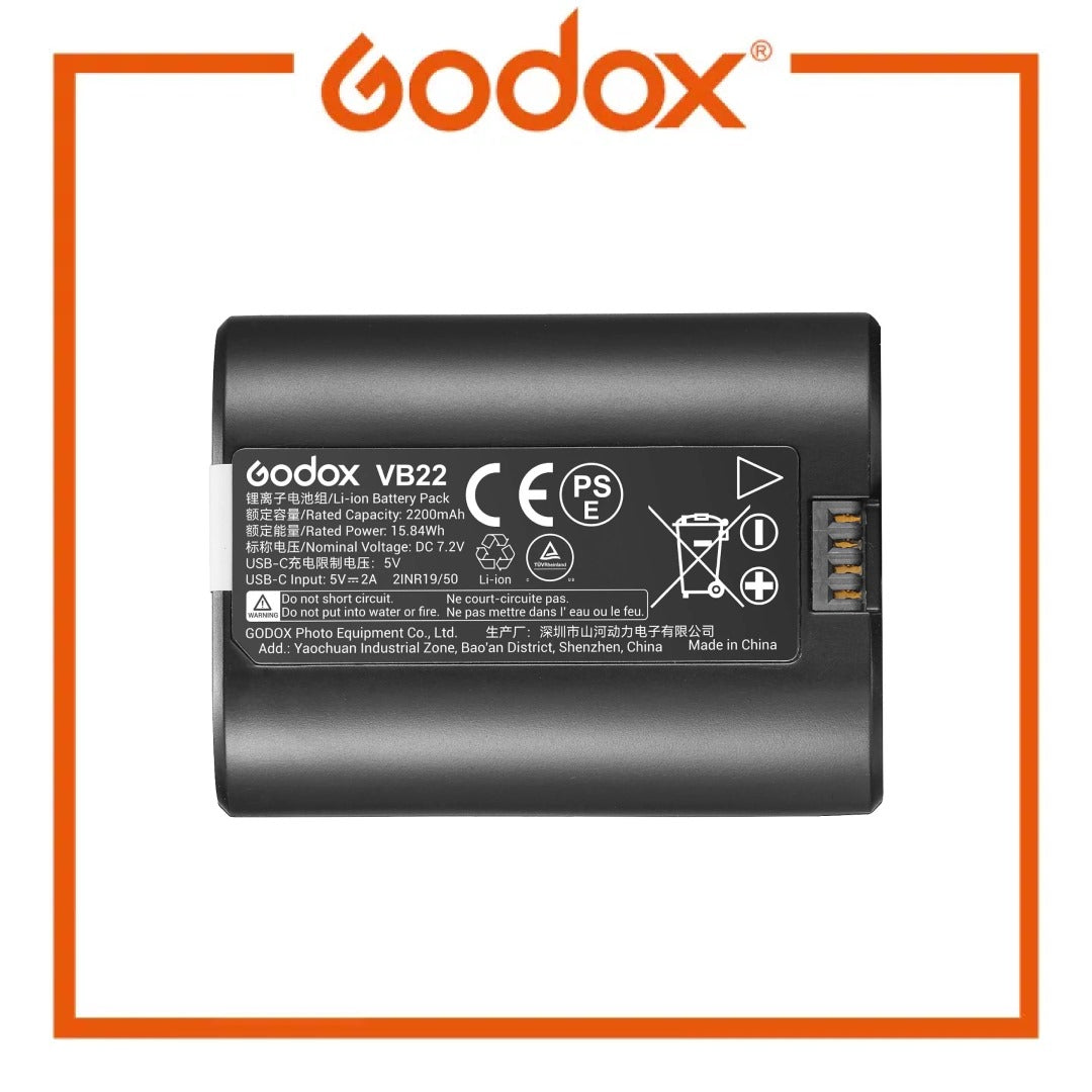 Godox VB22 battery pack on a white background with Godox logo.