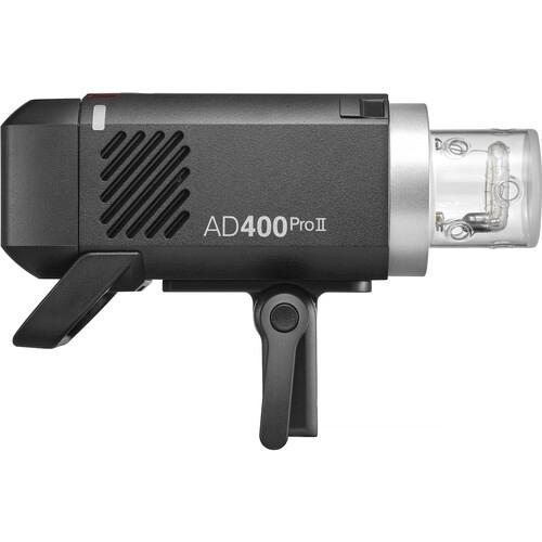 Black and silver AD400Pro II flash unit on a white background