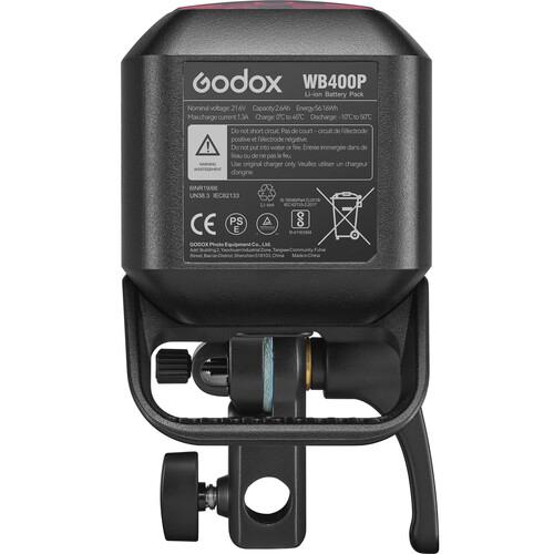 Godox WB400P battery pack with mounting bracket on a white background