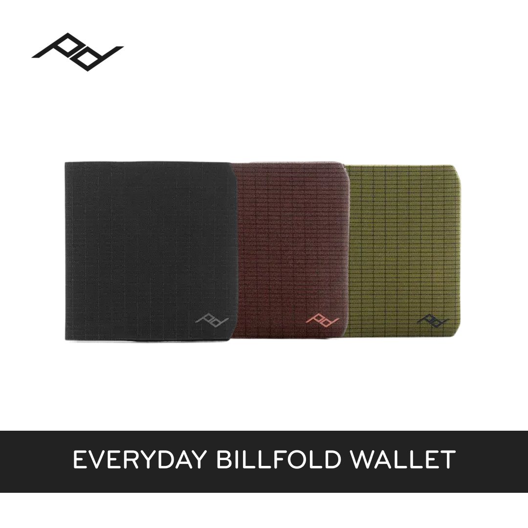 Three wallets in black, brown, and green on a white background with 'Peak Design' logo.