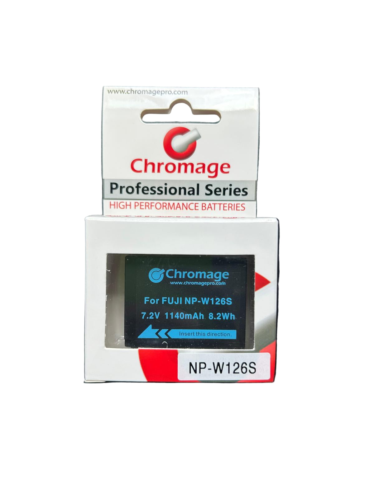 Chromage NP-W126S battery pack on a dark textured surface