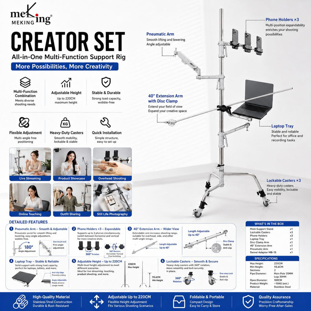 Meking Creator Set multi-function support rig with features and specifications on a white background