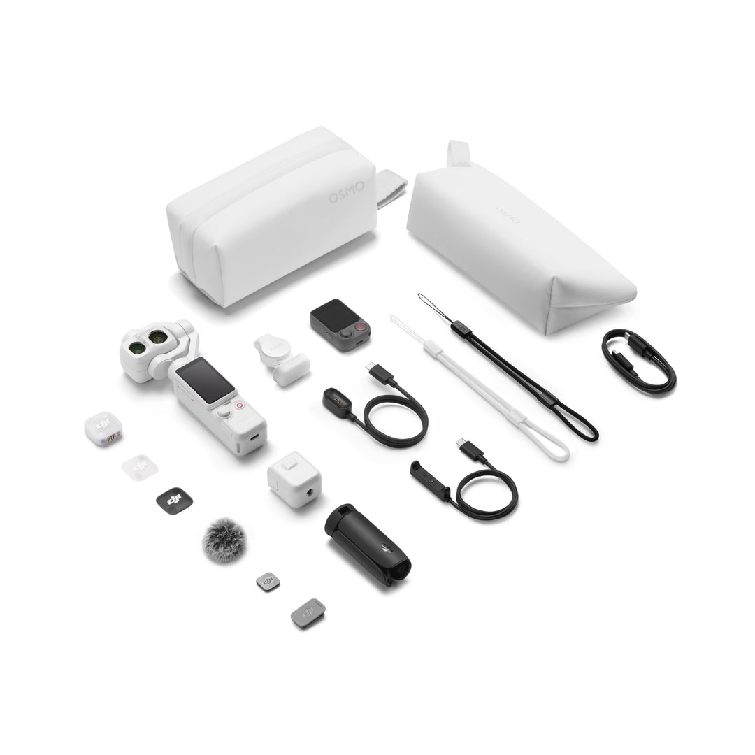 Collection of DJI Osmo Pocket 4P including a white camera, black and silver tools, and white cases on a white background.