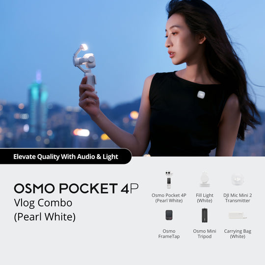 Woman holding a camera with a cityscape in the background, featuring the DJI Osmo Pocket 4P Vlog Combo.