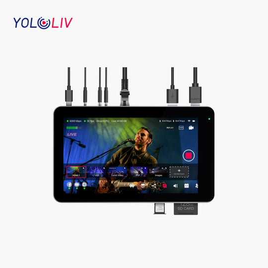 Tablet with video conferencing app on screen displaying a live stream of a person speaking into a microphone, with YOLOLIV branding above.