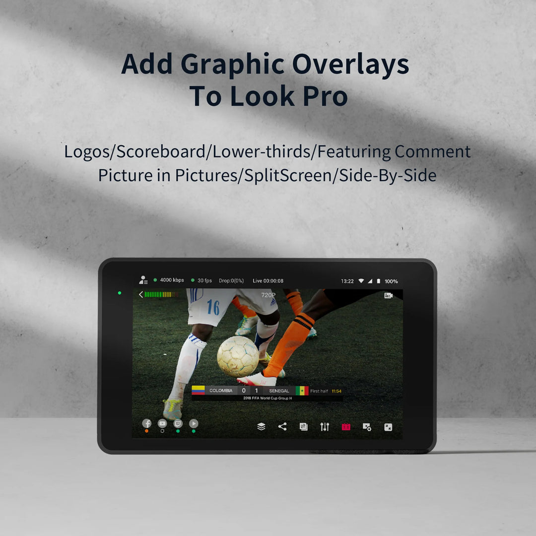 YoloBox Pro displaying a soccer game with text about adding graphic overlays.