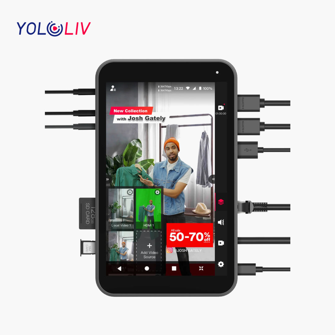 Multifunctional device with smartphone display and multiple ports on a white background, featuring YOLOLIV branding.