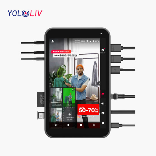 Multifunctional device with smartphone display and multiple ports on a white background, featuring YOLOLIV branding.