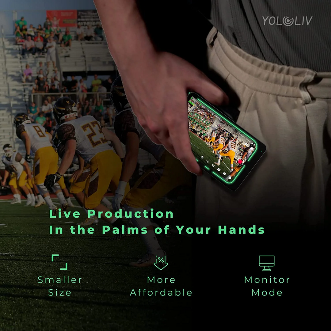 YoloLiv YoloBox Mini displaying a sports game, with text about app installation and social media platform logos.