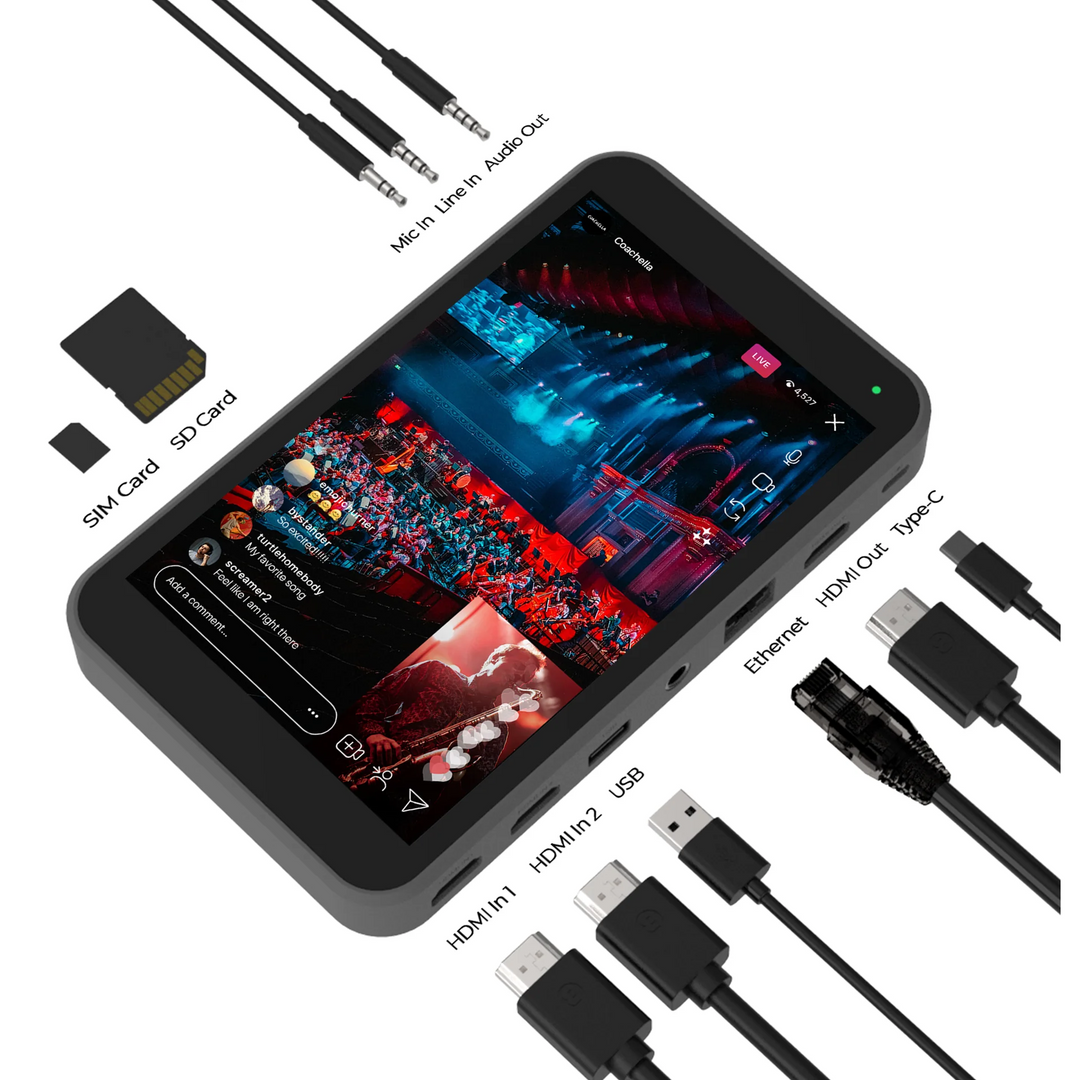 Portable Instream media player with various connection cables and accessories on a white background