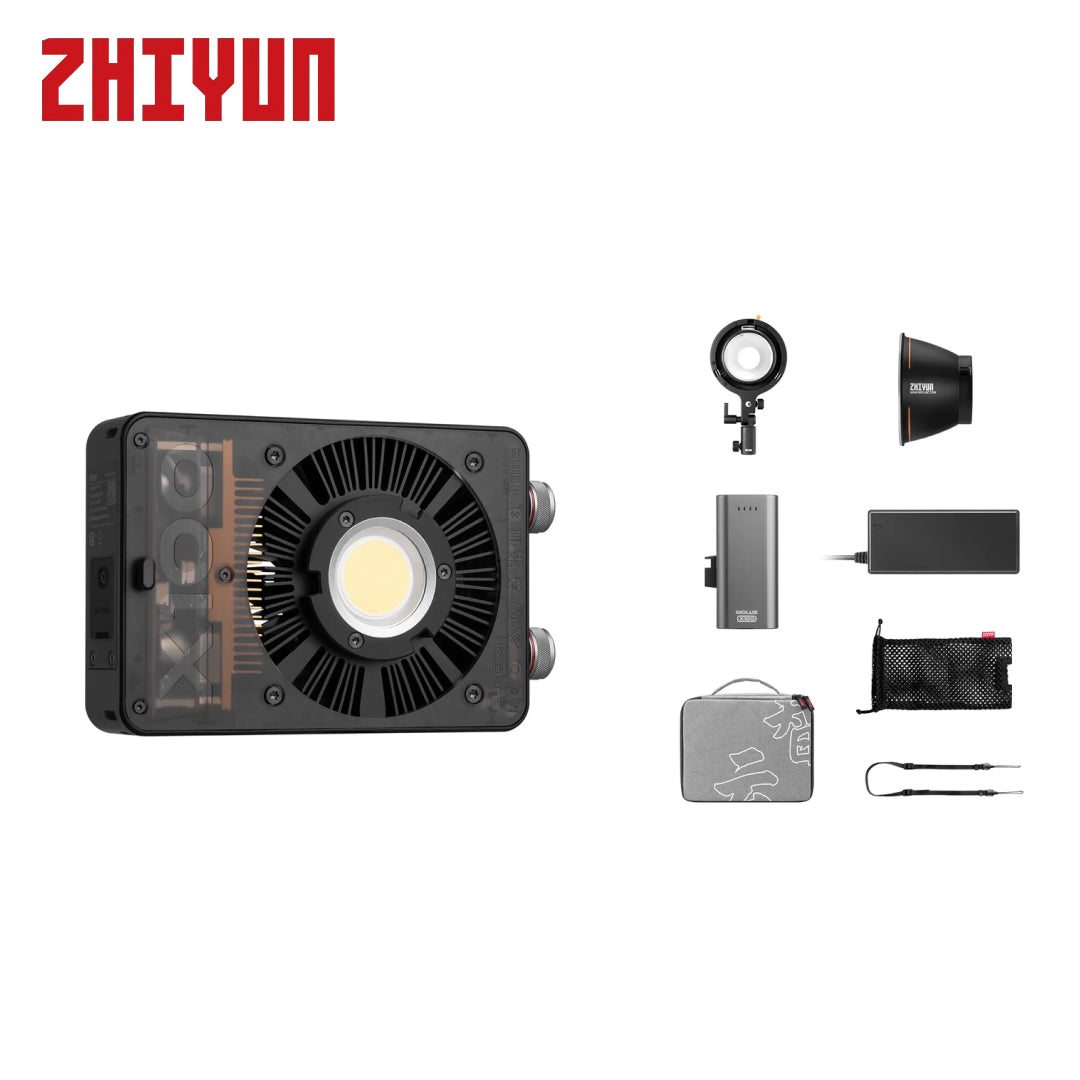 ZHIYUN LED light kit with a main cooling heatsink unit, various mounting accessories, a power adapter, and a carrying case, displayed on a clean white background with the ZHIYUN brand logo in red at the top left.