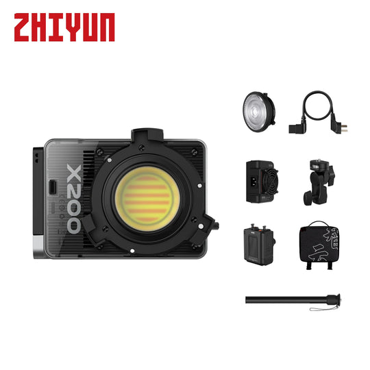 ZHIYUN X200 light modifier kit on a white background, featuring the main X200 unit with a yellow diffuser, a spotlight, a cable, a small accessory, a battery, a handle, and a carrying case, with the ZHIYUN brand logo in red at the top left.