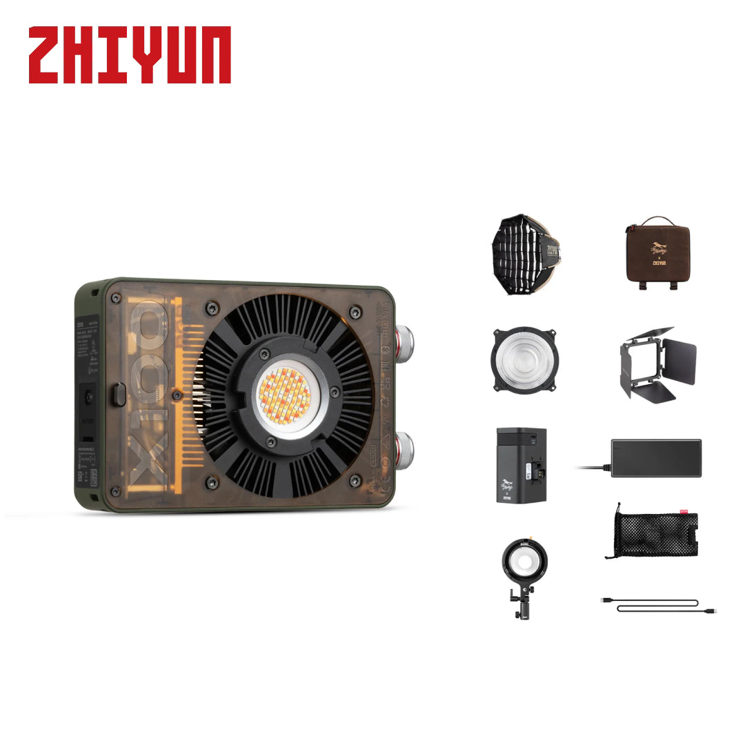 ZHIYUN studio light kit featuring a main LED light modifier with a visible cooling fan and orange internal LED light, shown alongside multiple included accessories on a white background with the ZHIYUN logo in red at the top left.