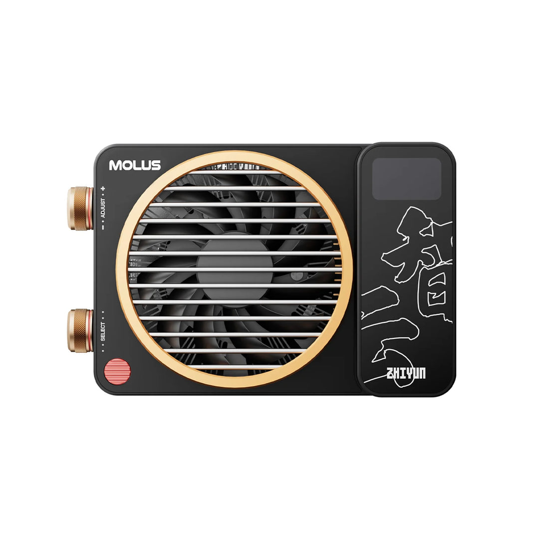 ZHIYUN MOLUS X100 RGB, featuring a black body with a gold circular frame around the fan, gold metal knobs, and white Chinese calligraphy graphic on the side.