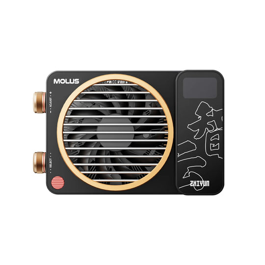 ZHIYUN MOLUS X100 RGB, featuring a black body with a gold circular frame around the fan, gold metal knobs, and white Chinese calligraphy graphic on the side.