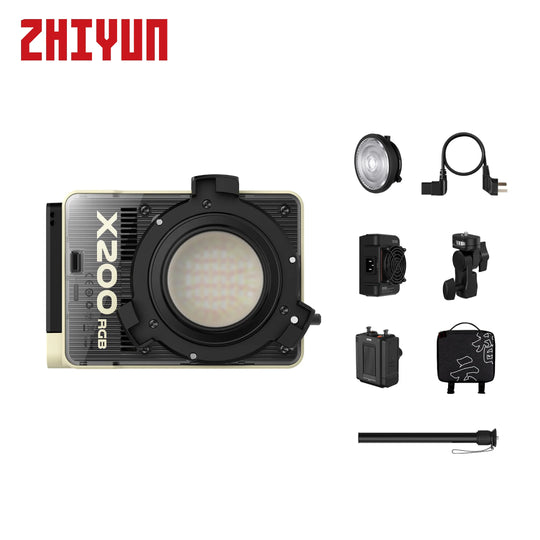 ZHIYUN X200 RGB camera light kit shown on a white background, featuring the main light unit with a large LED panel, several accessories arranged to the right, and the ZHIYUN logo in red at the top left.