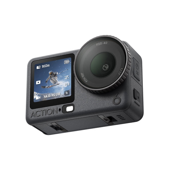 Action camera with display screen on a white background
