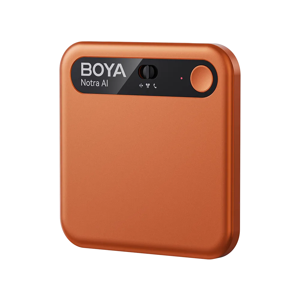 Orange audio recorder with 'BOYA' branding on a white background