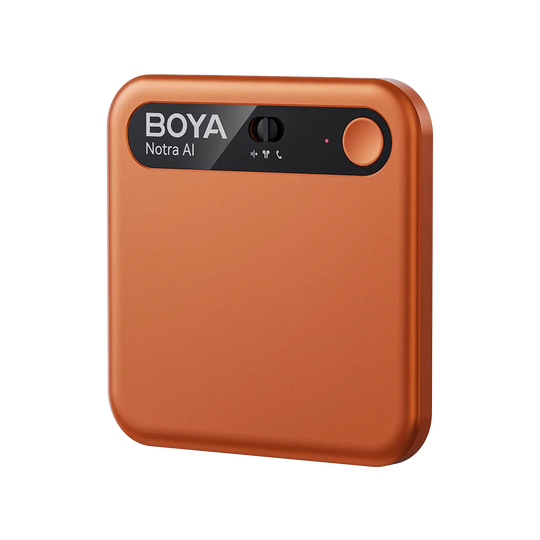 Orange audio recorder with 'BOYA' branding on a white background
