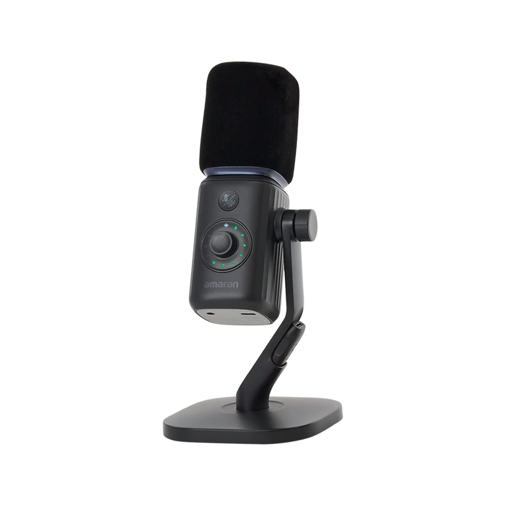 Black amaran Mic Desktop Stand Kit featuring a foam windscreen, gain control dial with LED indicator ring, and integrated desktop stand against a transparent background.