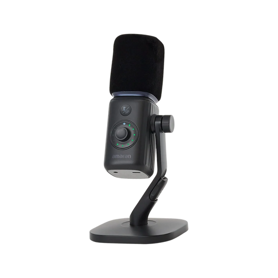 Black amaran Mic Desktop Stand Kit featuring a foam windscreen, gain control dial with LED indicator ring, and integrated desktop stand against a transparent background.