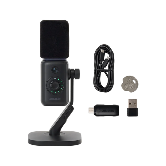 Black amaran Mic Desktop Stand Kit displayed with included accessories, including a USB-C cable, wireless receiver, USB adapter, and adjustment tool against a transparent background.
