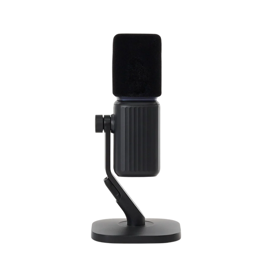Rear profile view of the black amaran Mic Desktop Stand Kit showing the ribbed microphone body casing, mounting knob, and desktop stand assembly against a transparent background.