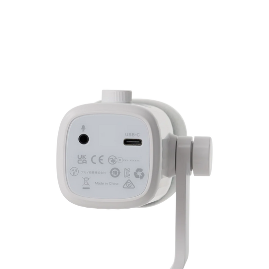Bottom panel view of the white amaran Mic Desktop Stand Kit showing the 3.5mm headphone audio jack, USB-C interface port, and regulatory labels against a transparent background.