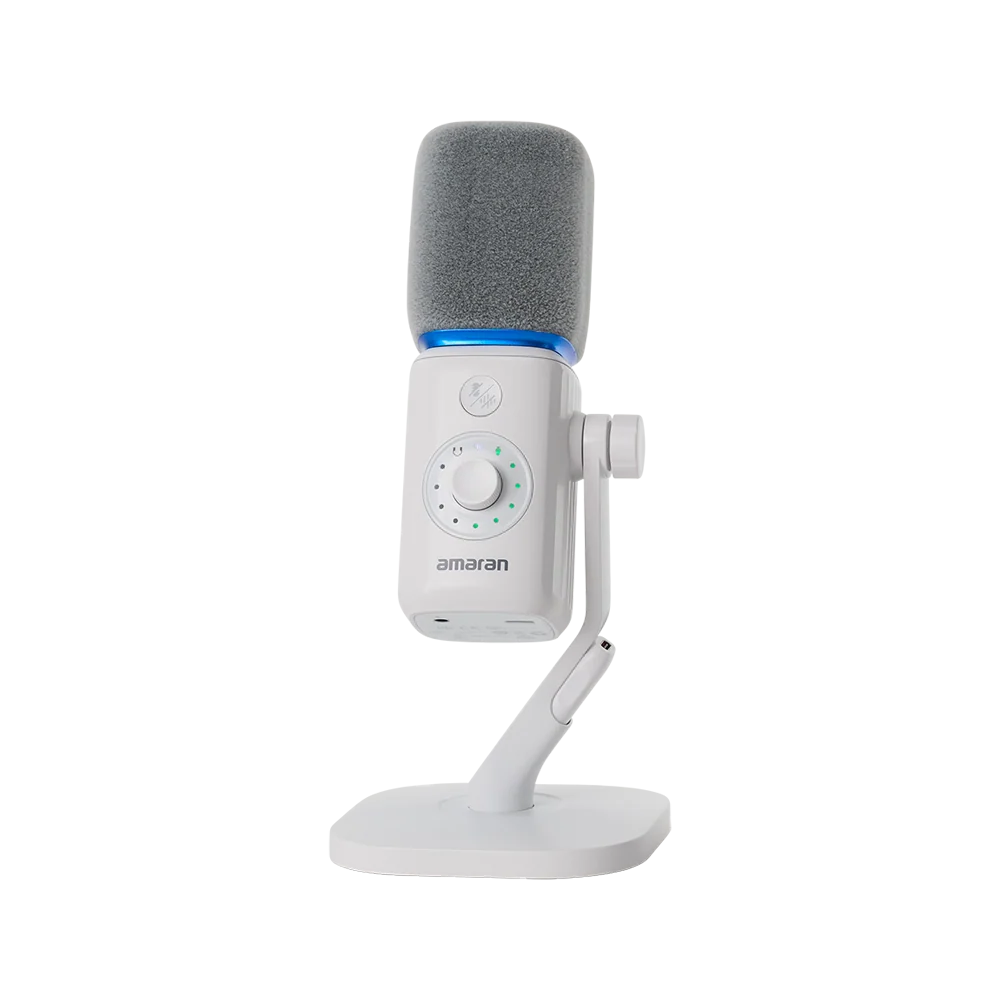 White amaran Mic Desktop Stand Kit featuring a grey foam windscreen, gain adjustment dial with LED indicator lights, and integrated desktop stand against a transparent background.