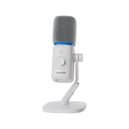 White amaran Mic Desktop Stand Kit featuring a grey foam windscreen, gain adjustment dial with LED indicator lights, and integrated desktop stand against a transparent background.