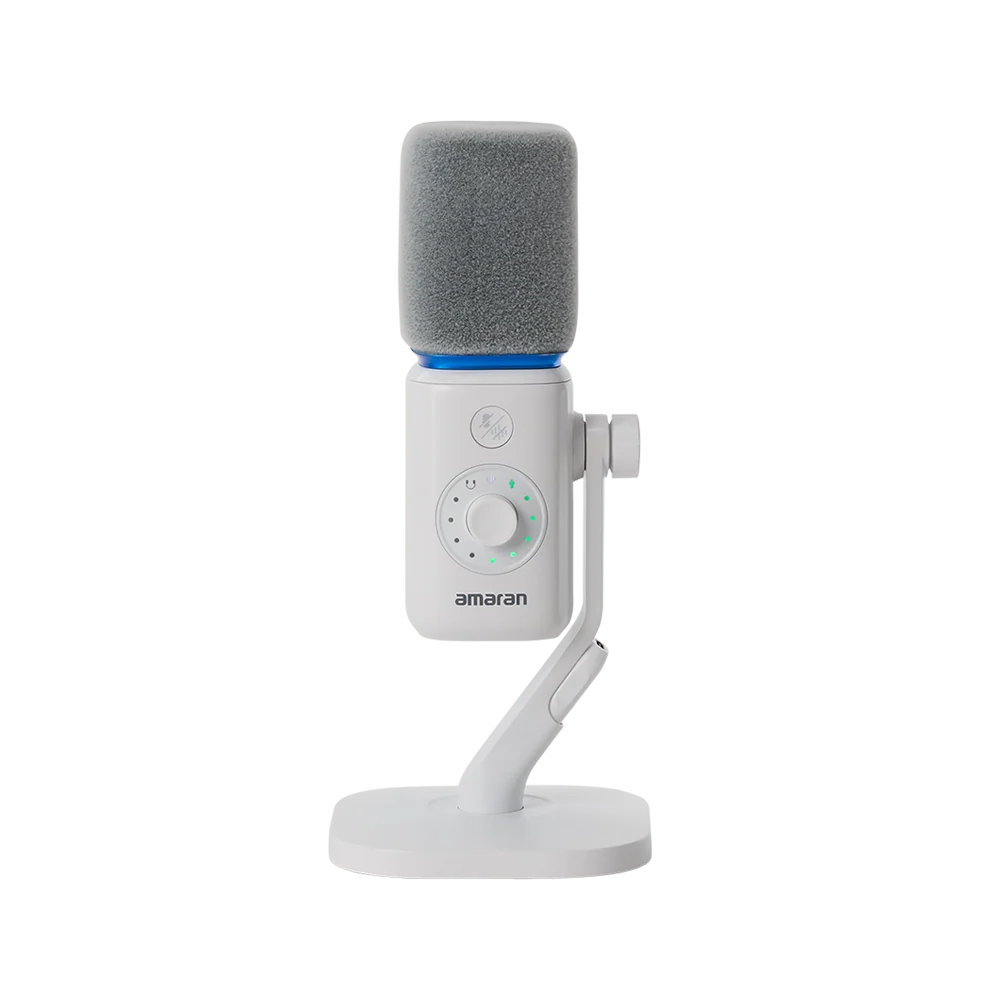 Direct front view of the white amaran Mic Desktop Stand Kit showing the grey foam windscreen, mute button, gain adjustment dial with LED indicator ring, and desktop stand against a transparent background.
