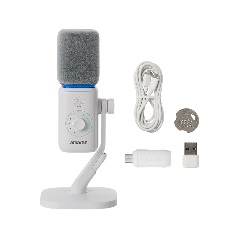 White amaran Mic Desktop Stand Kit displayed alongside its included accessories, including a white USB-C cable, wireless receiver, USB adapter, and adjustment coin tool against a transparent background.