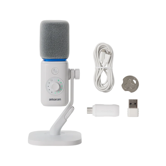 White amaran Mic Desktop Stand Kit displayed alongside its included accessories, including a white USB-C cable, wireless receiver, USB adapter, and adjustment coin tool against a transparent background.