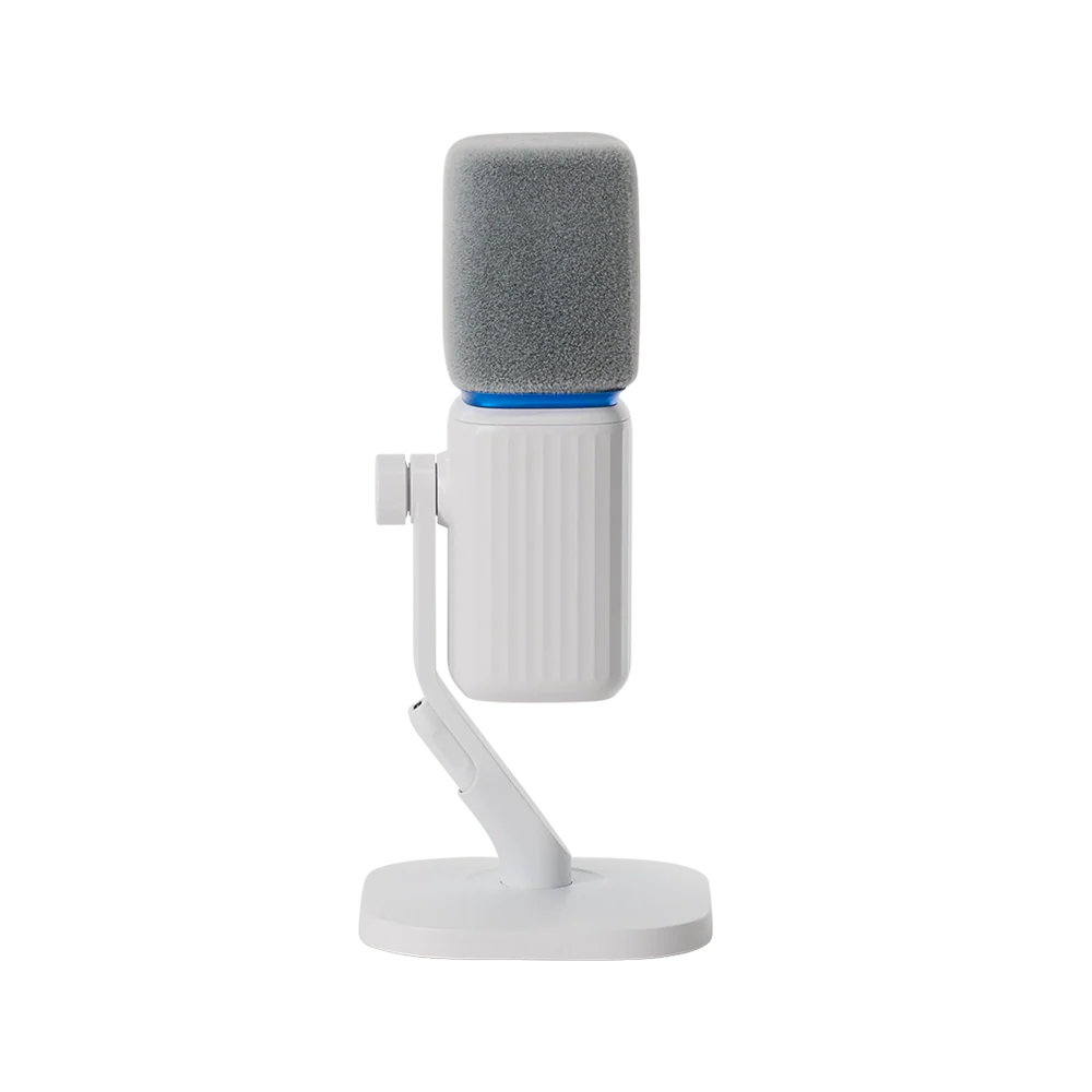 Rear profile view of the white amaran Mic Desktop Stand Kit showing the ribbed microphone housing, blue accent ring, mounting knob, and desktop stand assembly against a transparent background.