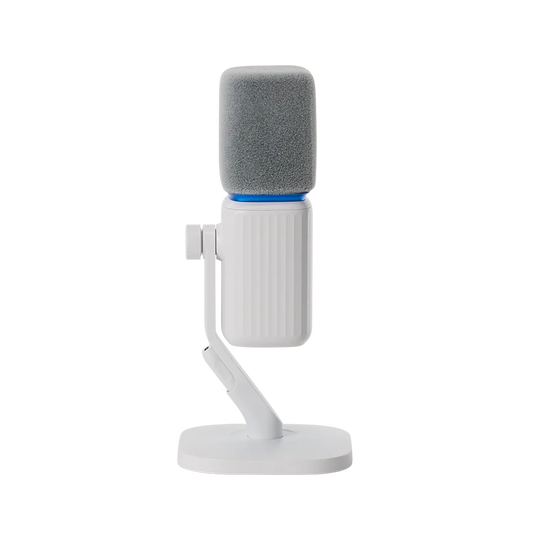 Rear profile view of the white amaran Mic Desktop Stand Kit showing the ribbed microphone housing, blue accent ring, mounting knob, and desktop stand assembly against a transparent background.