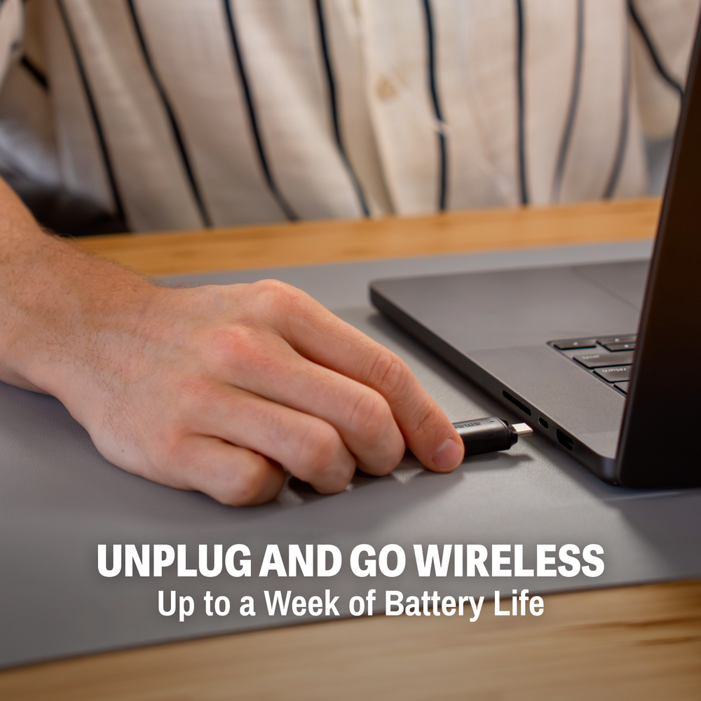 Wired or wireless mic: USB-C or 2.4GHz wireless, up to 60-hour battery