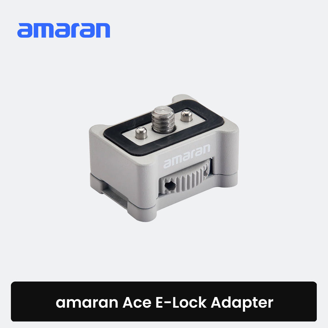 Amaran Ace E-Lock Adapter shown on a light gray background with the brand logo at the top left and a black label at the bottom reading 'amaran Ace E-Lock Adapter'. The product is a compact gray metal adapter with a black top plate and silver screw terminals.