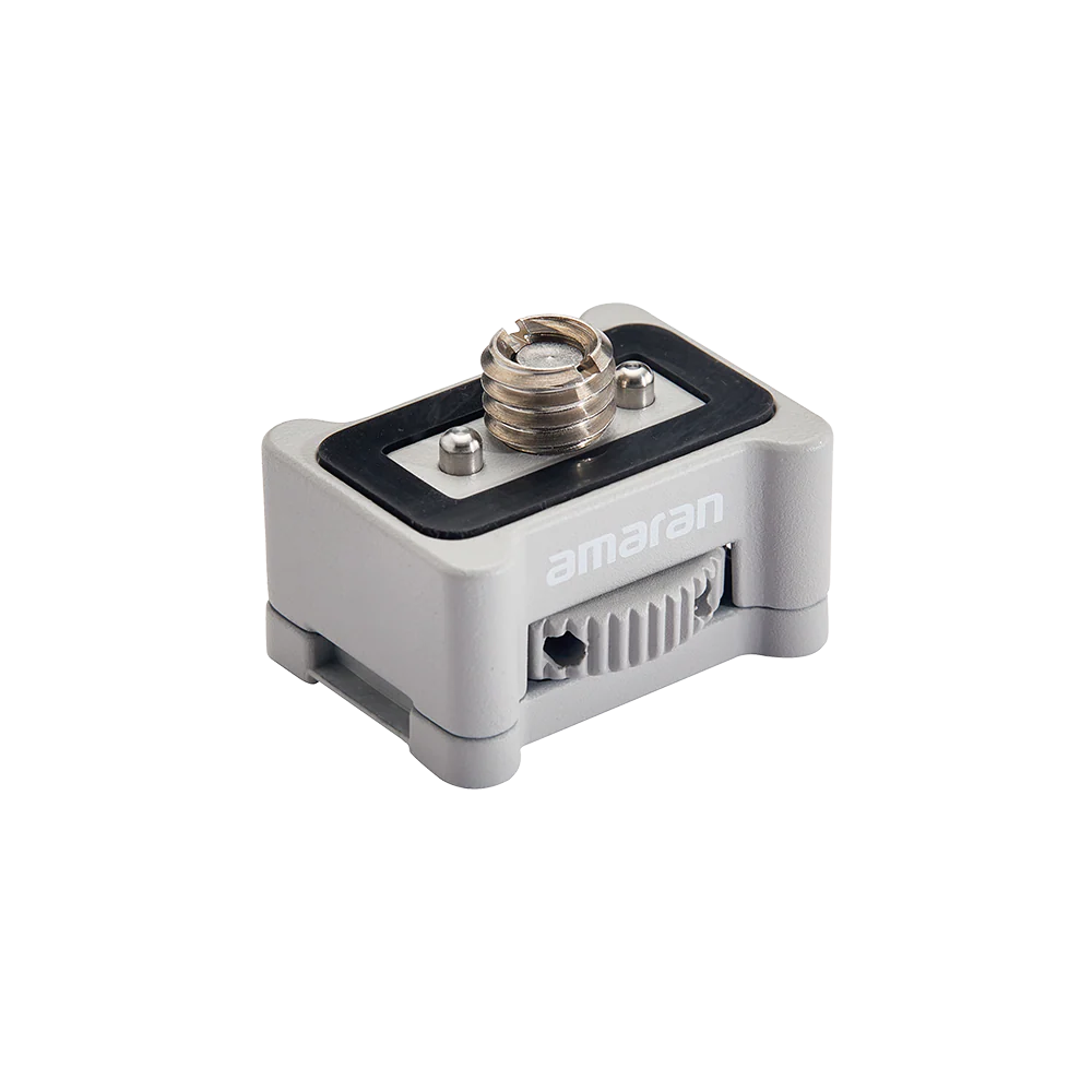 Amaran amaran Ace E-Lock Adapter, featuring a gray plastic housing, a black rubberized top pad, and a gold-plated RJ45 connector, shown on a solid white background.