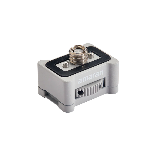 Amaran amaran Ace E-Lock Adapter, featuring a gray plastic housing, a black rubberized top pad, and a gold-plated RJ45 connector, shown on a solid white background.