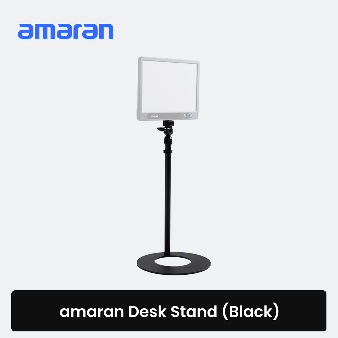 Amaran desk stand in black, featuring a circular base, a vertical adjustable stand arm, and a white rectangular light panel mounted on top, shown against a light gray background with the Amaran brand logo and a black text banner at the bottom.