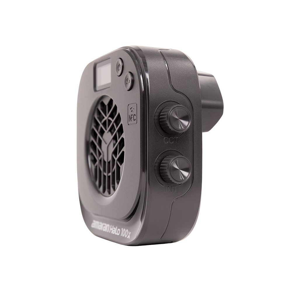 amaran Halo 100x LED COB Light with control knobs on a white background