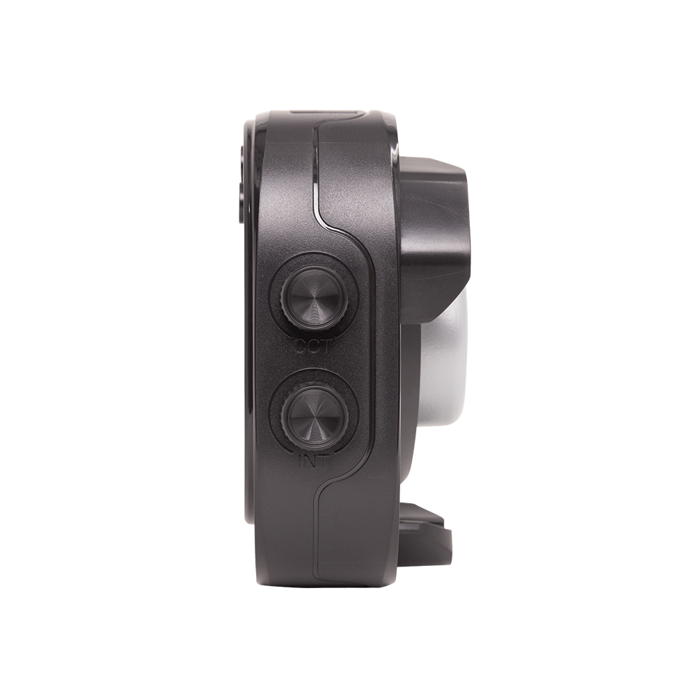 Side view of amaran Halo 100x LED COB Light with control knobs on a white background