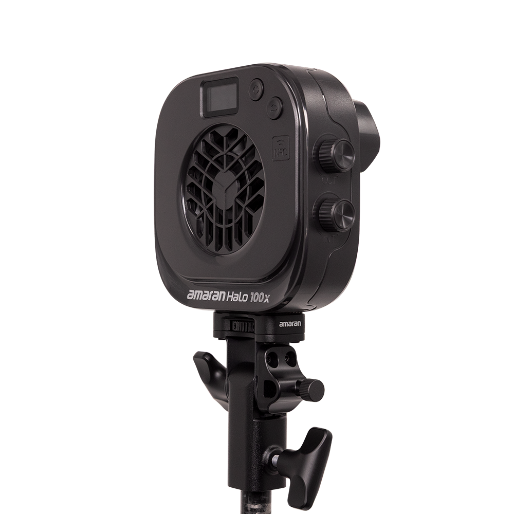 Black studio light with 'amaran Halo 100x' branding on a white background