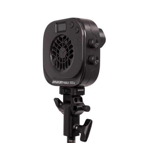 Black studio light with 'amaran Halo 100x' branding on a white background