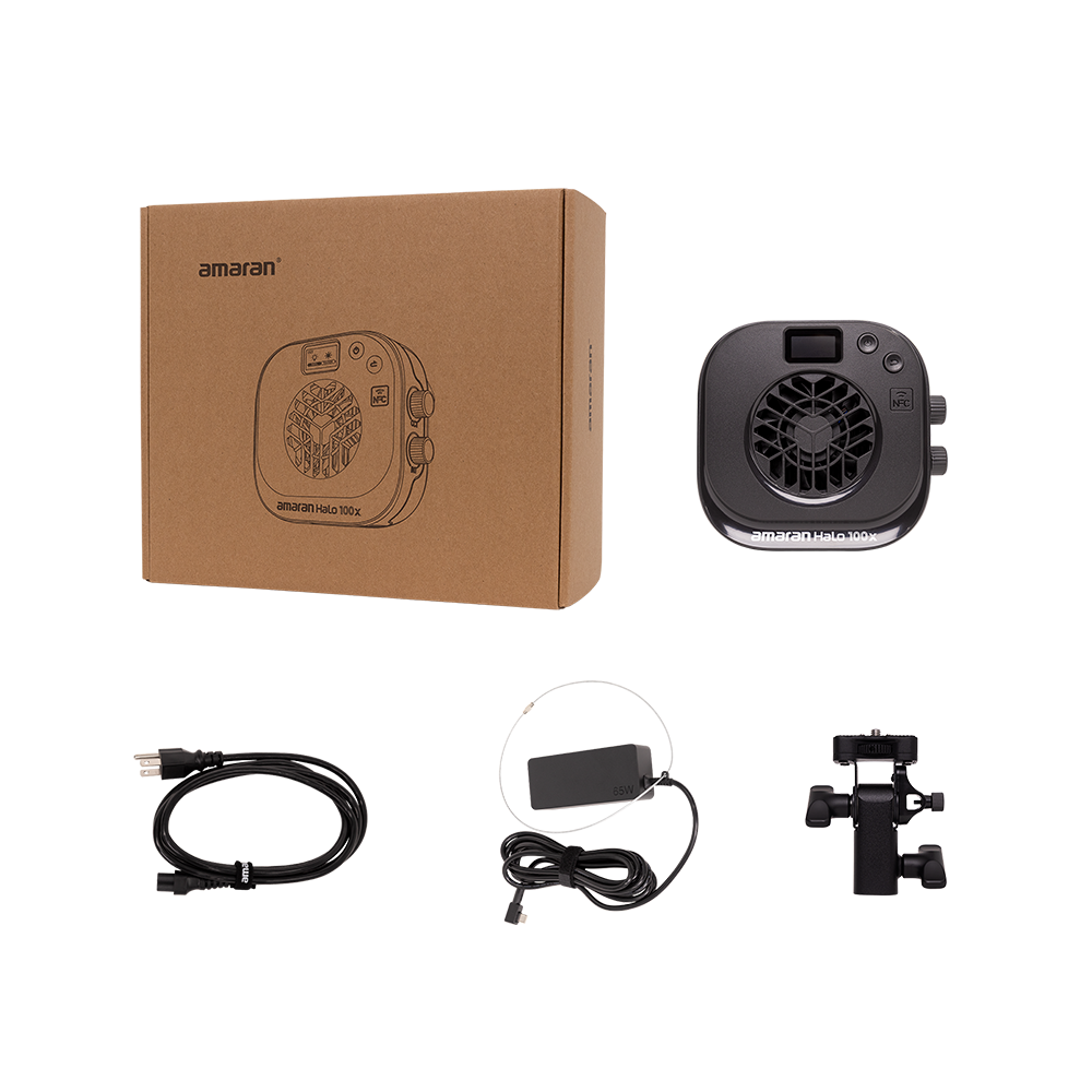 Amaran amaran Halo 100x LED COB Light with packaging, accessories on a white background