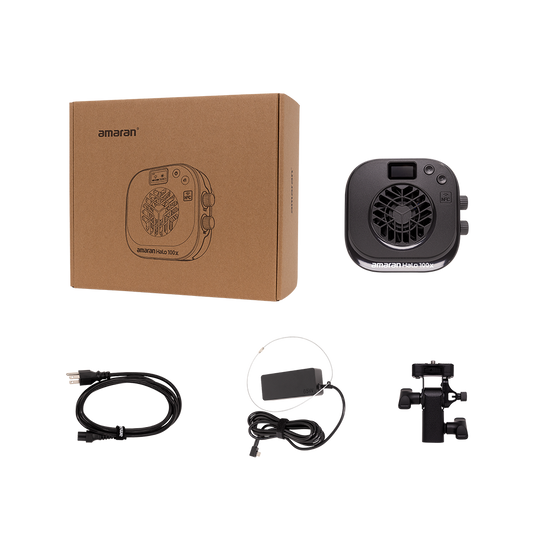 Amaran amaran Halo 100x LED COB Light with packaging, accessories on a white background